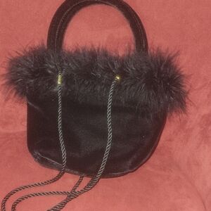 Bechamel Black Satin Mini Bag with Faux Fur Trim